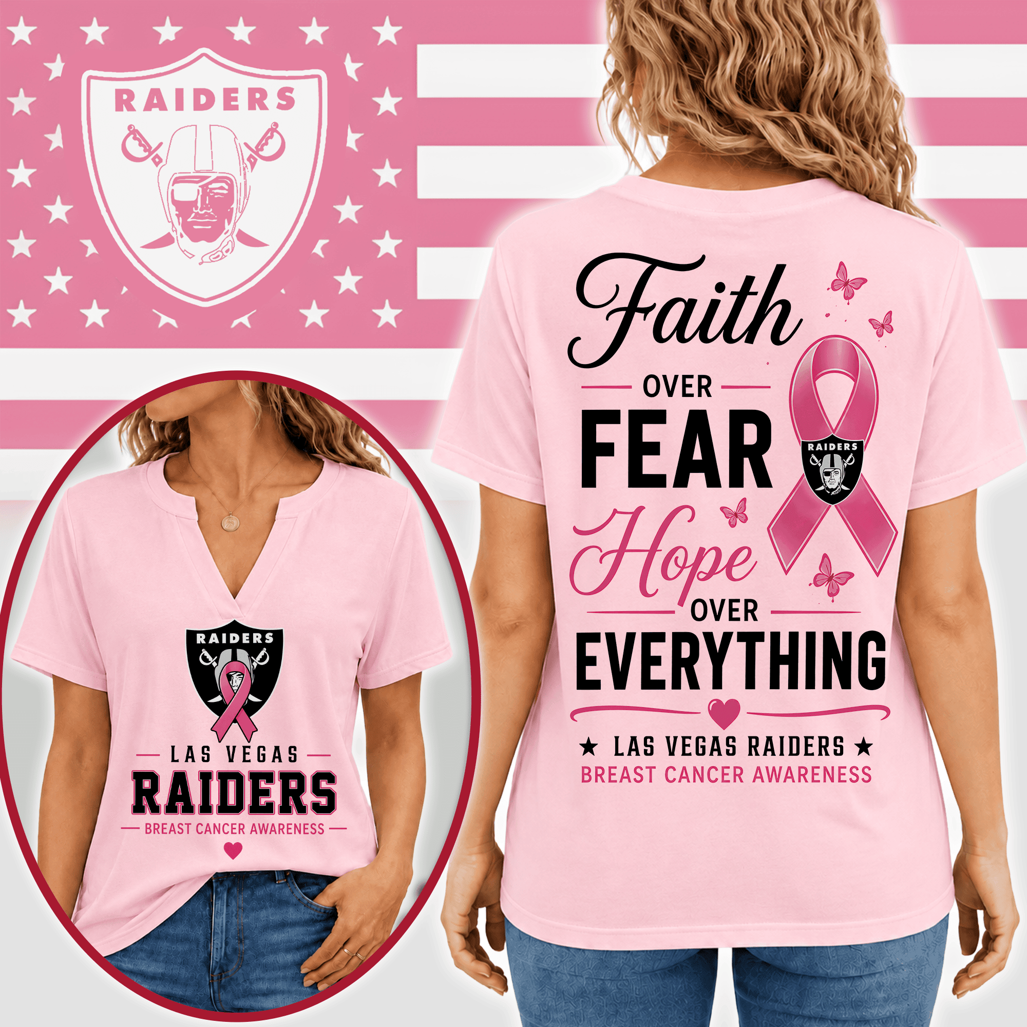 Las Vegas Raiders | Premium NFL Faith Through Every Battle Pink Ribbon Split Neck T-Shirt NTH1