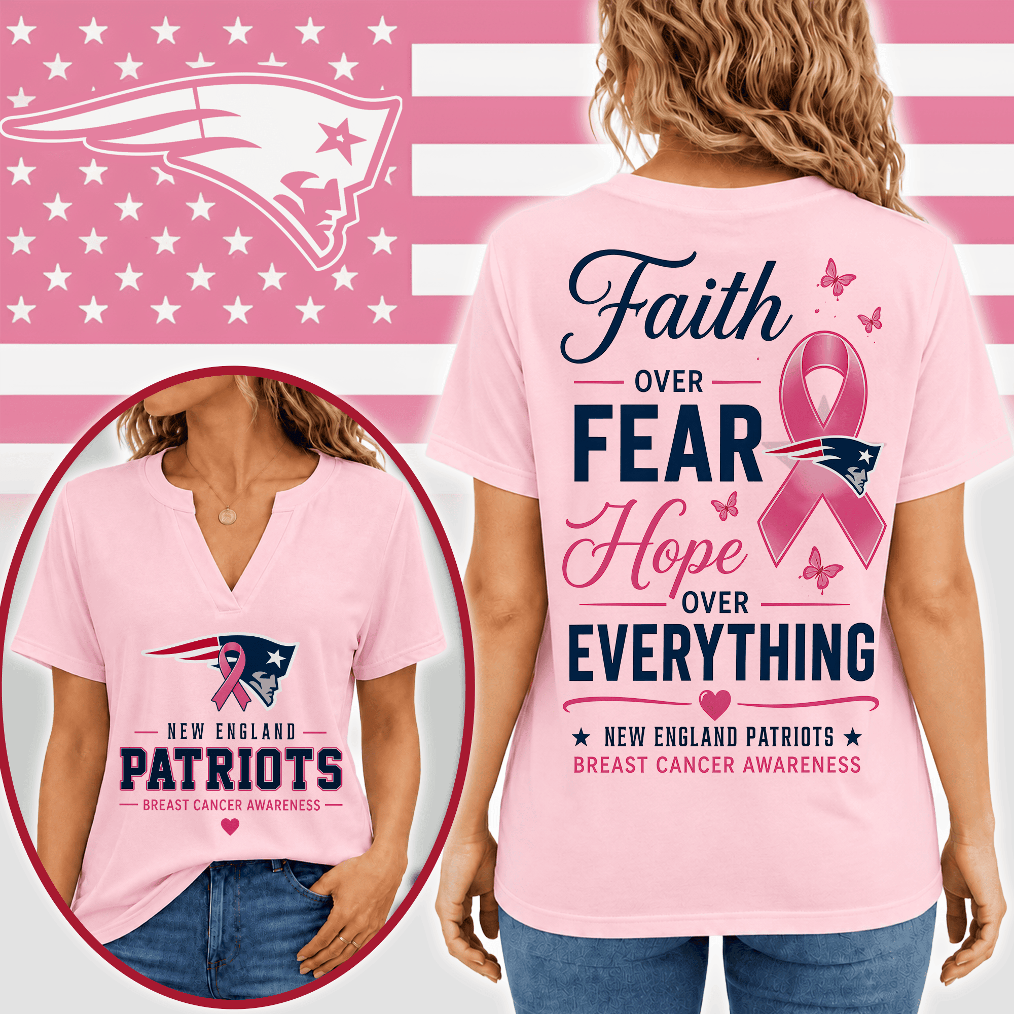 New England Patriots | Premium NFL Faith Through Every Battle Pink Ribbon Split Neck T-Shirt NTH1