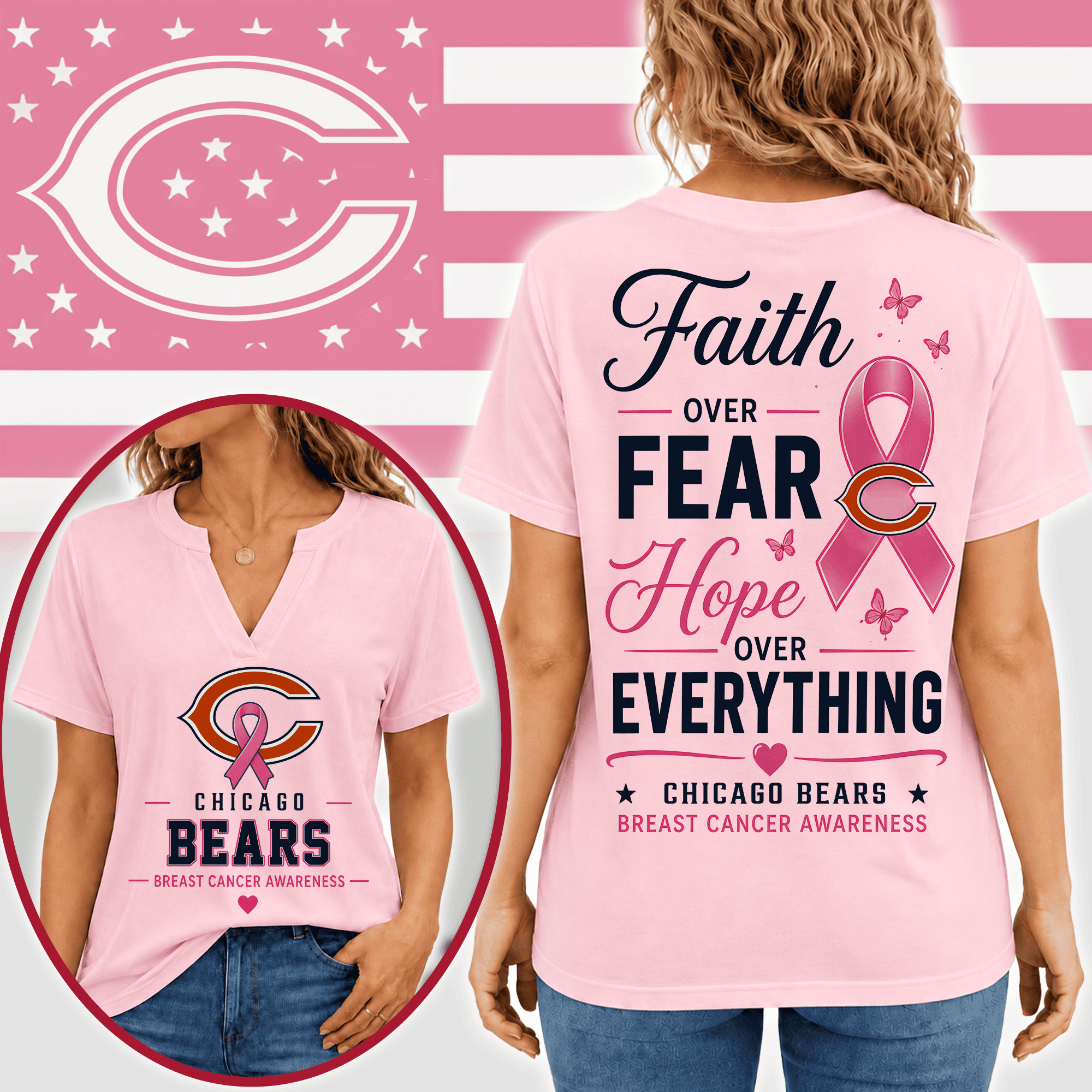Chicago Bears | Premium NFL Faith Through Every Battle Pink Ribbon Split Neck T-Shirt NTH1