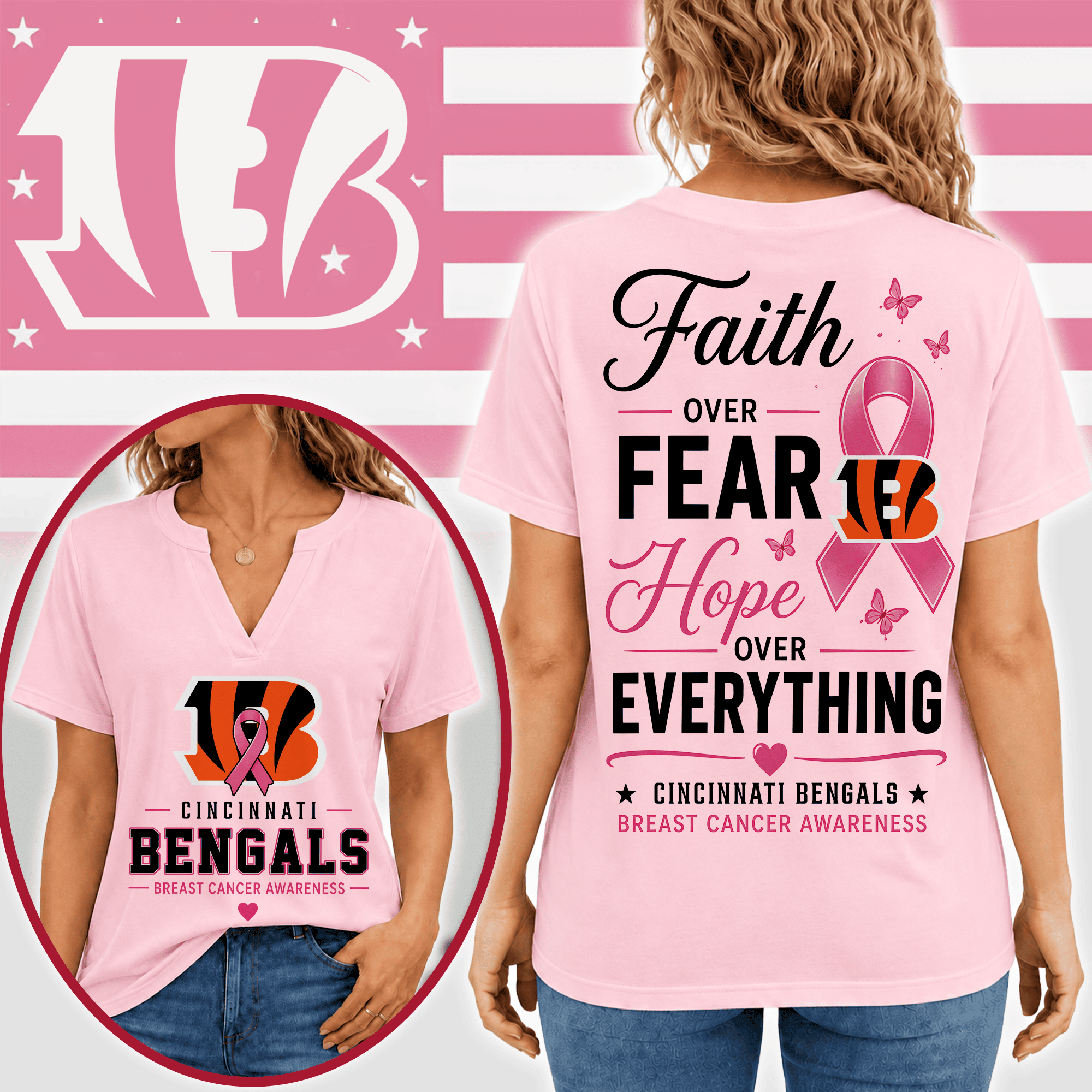 Cincinnati Bengals | Premium NFL Faith Through Every Battle Pink Ribbon Split Neck T-Shirt NTH1