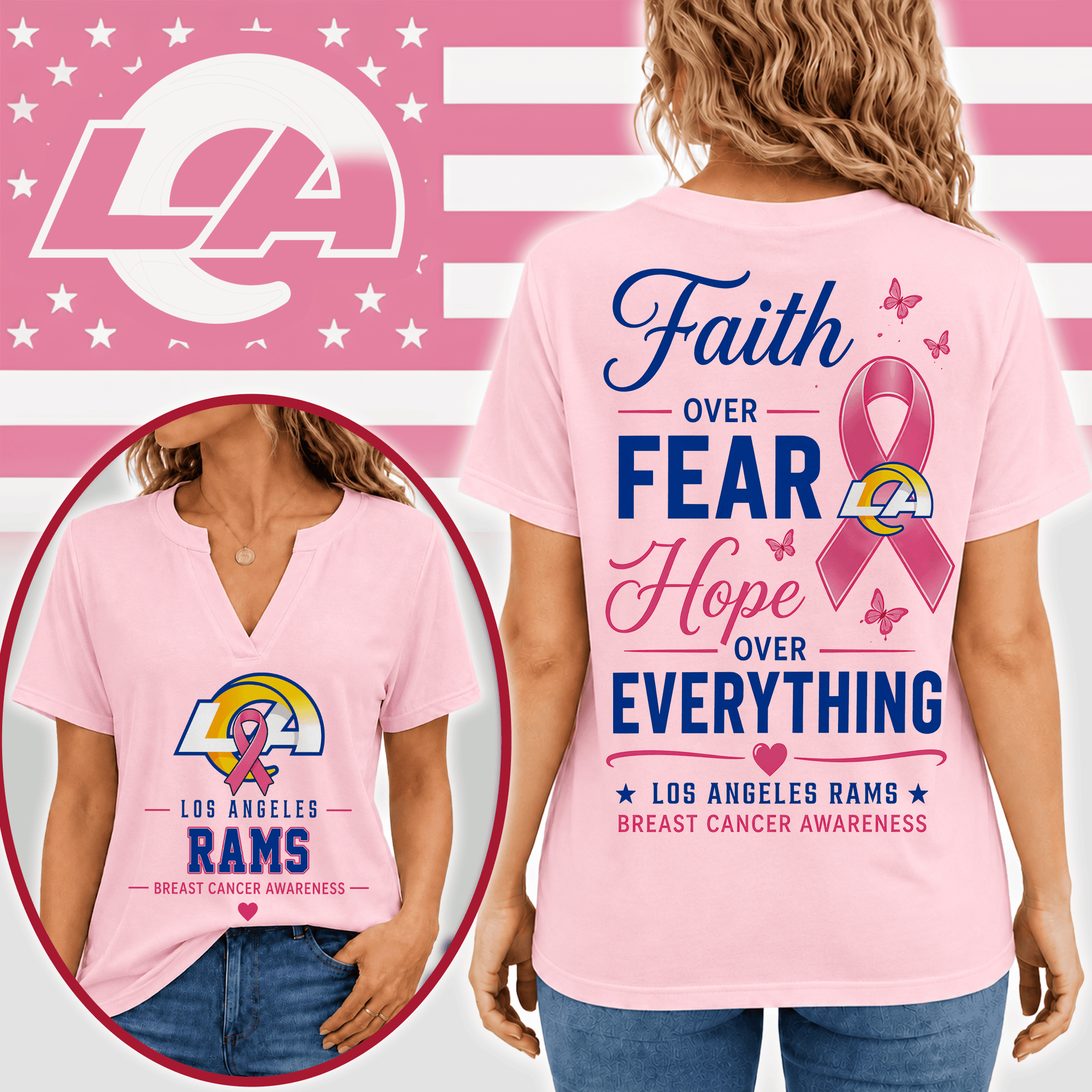 Los Angeles Rams | Premium NFL Faith Through Every Battle Pink Ribbon Split Neck T-Shirt NTH1