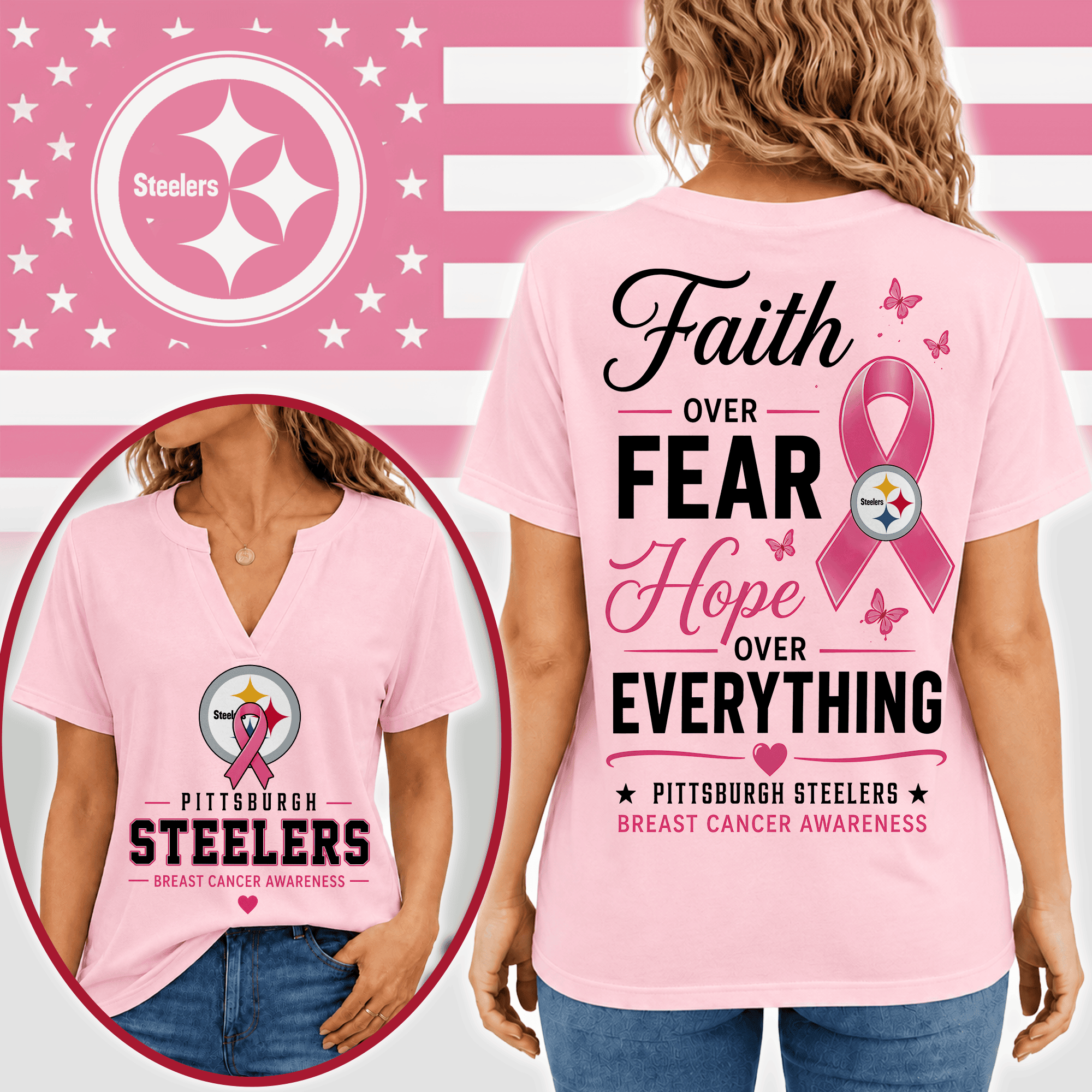 Pittsburgh Steelers | Premium NFL Faith Through Every Battle Pink Ribbon Split Neck T-Shirt NTH1