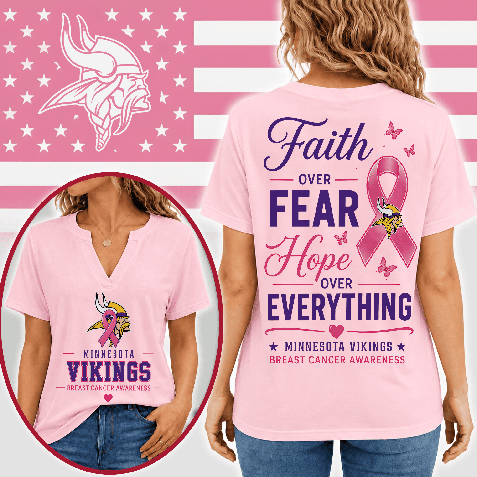 Minnesota Vikings | Premium NFL Faith Through Every Battle Pink Ribbon Split Neck T-Shirt NTH1