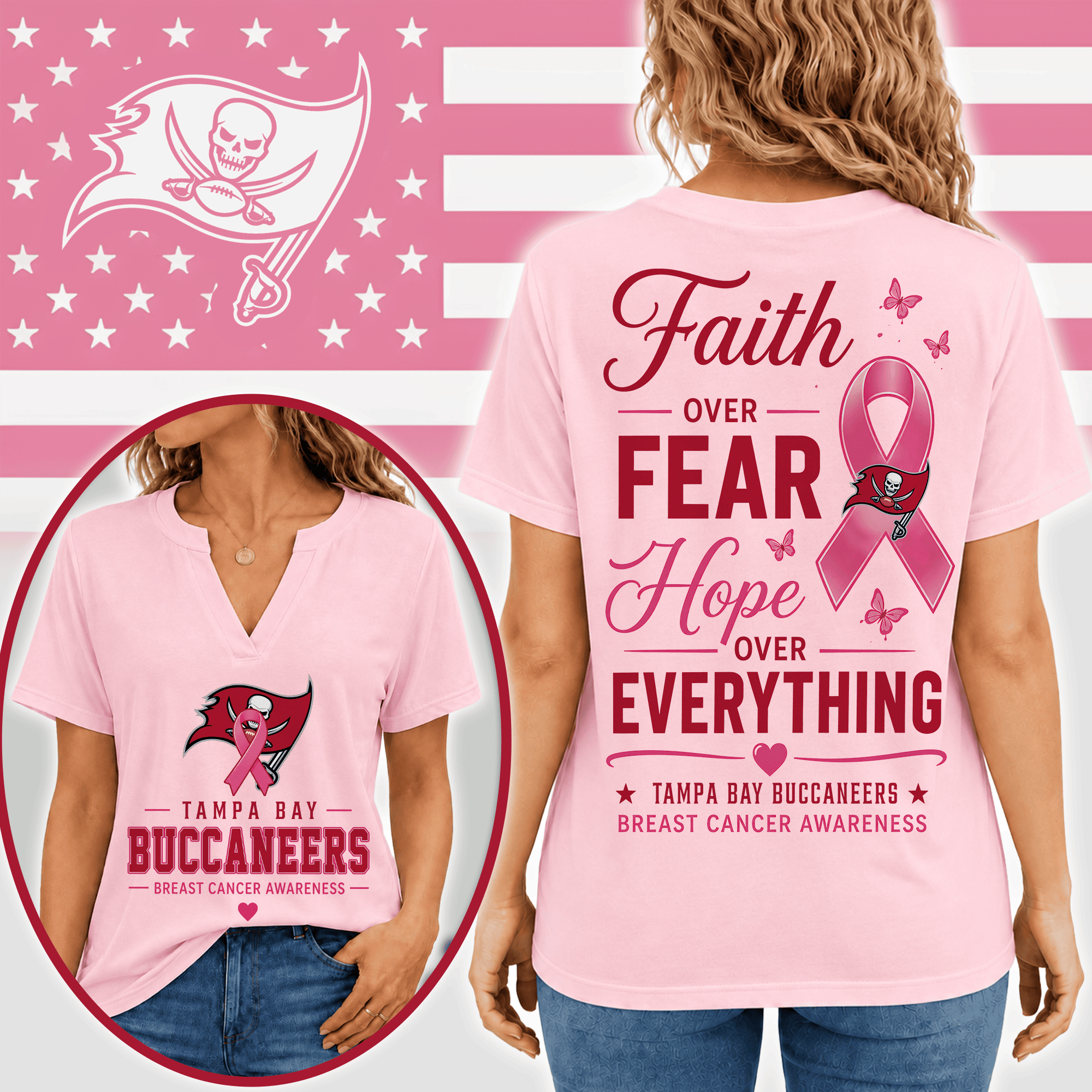 Tampa Bay Buccaneers | Premium NFL Faith Through Every Battle Pink Ribbon Split Neck T-Shirt NTH1