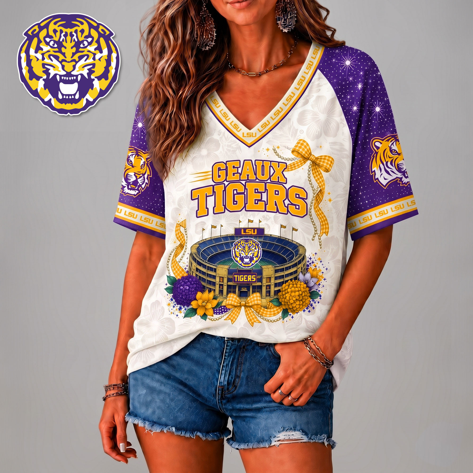 LSU Tigers | Premium NCAA Floral Stadium Bow 3D Shirt NY