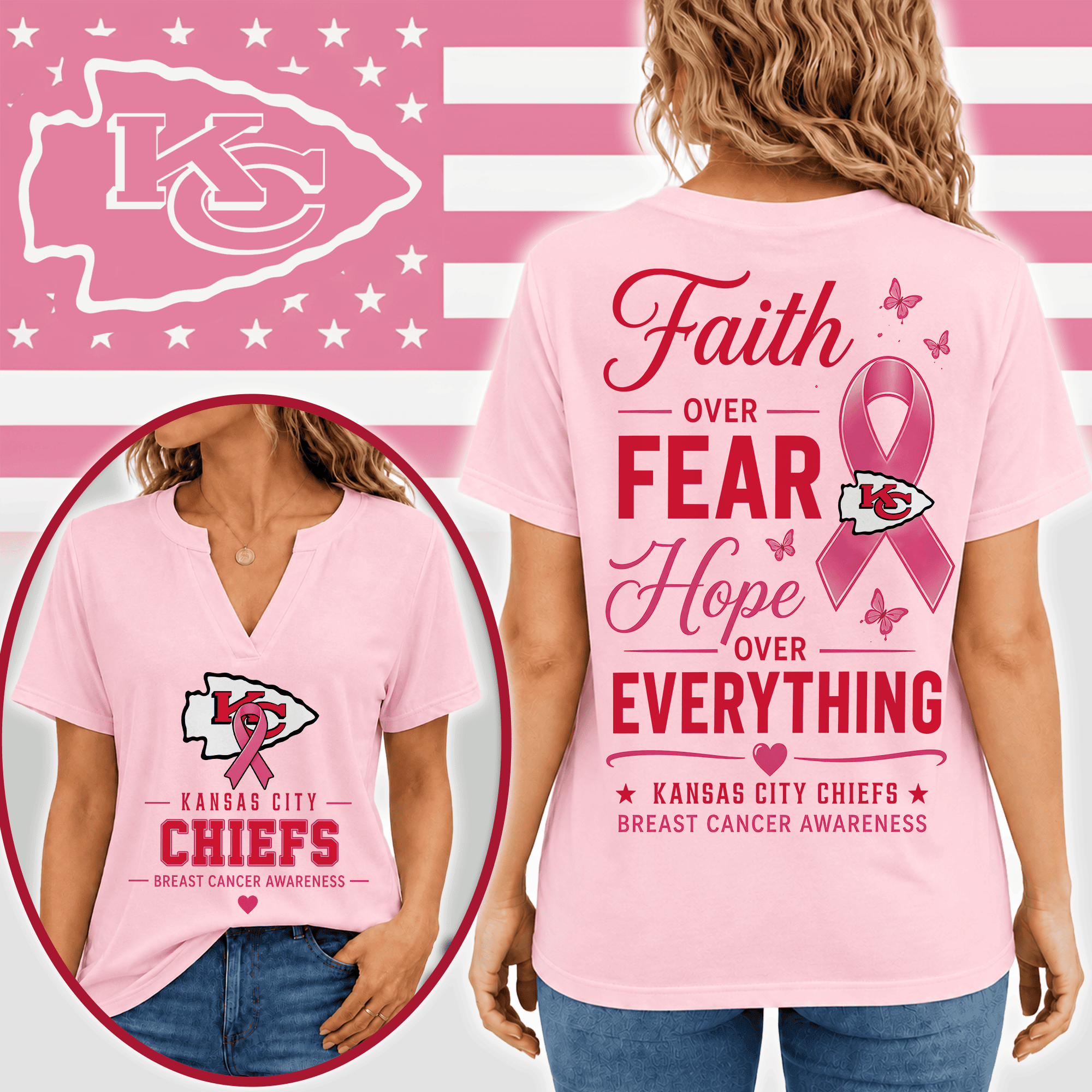 Kansas City Chiefs | Premium NFL Faith Through Every Battle Pink Ribbon Split Neck T-Shirt NTH1
