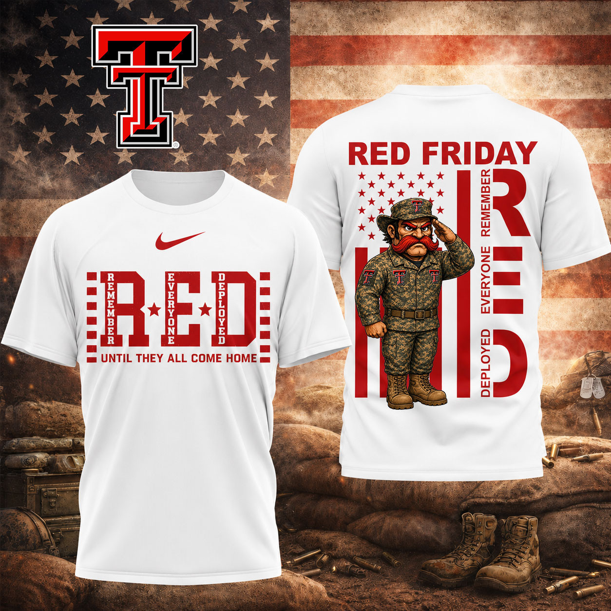 Texas Tech Red Raiders | Premium NCAA Red Friday Support Our Troops T-Shirt TD