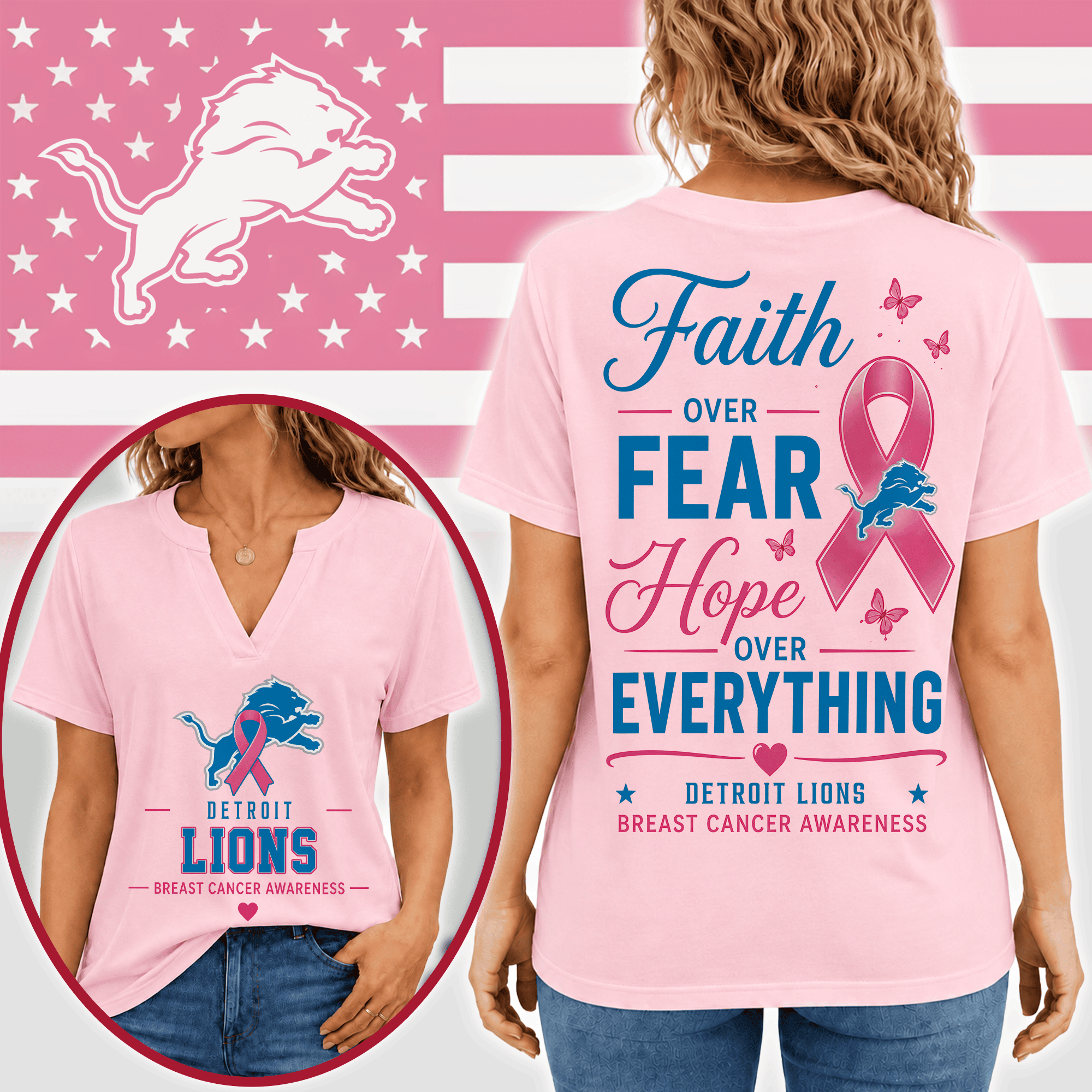 Detroit Lions | Premium NFL Faith Through Every Battle Pink Ribbon Split Neck T-Shirt NTH1