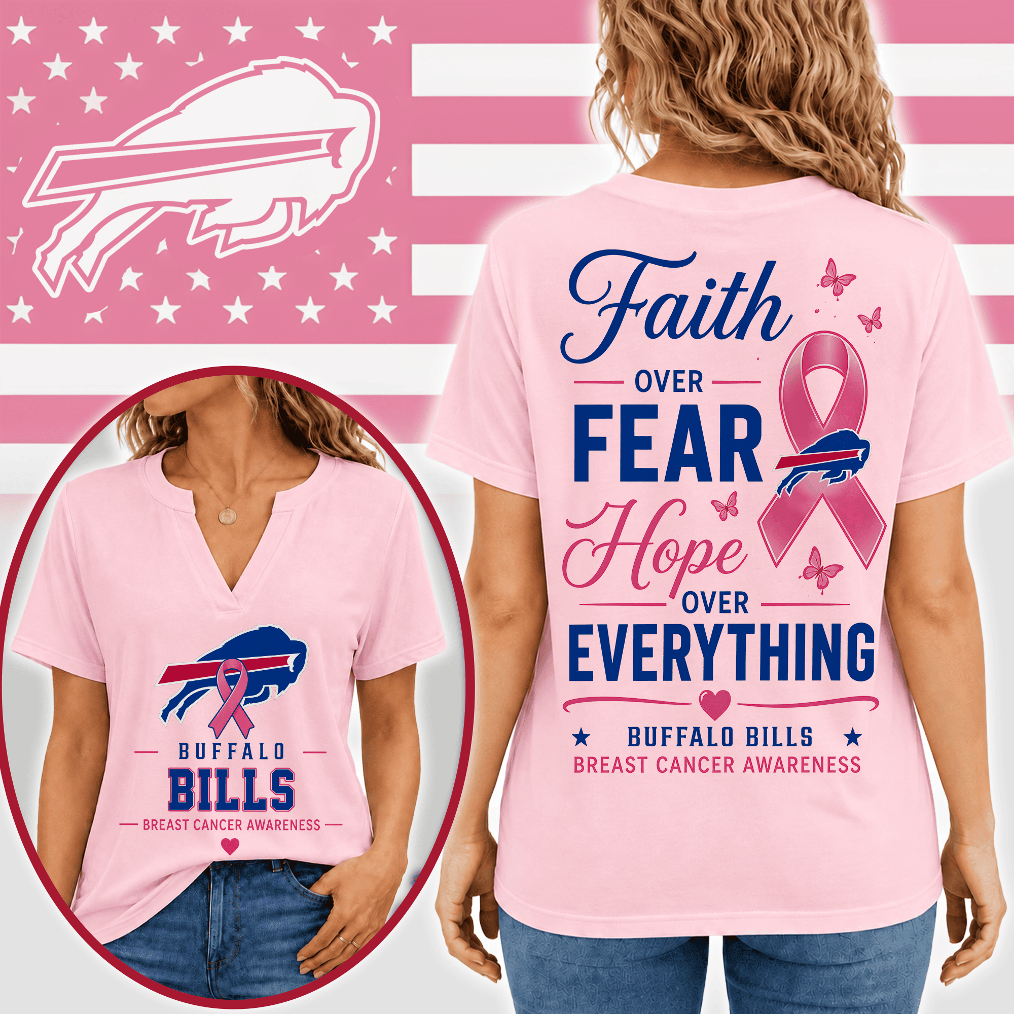 Buffalo Bills | Premium NFL Faith Through Every Battle Pink Ribbon Split Neck T-Shirt NTH1