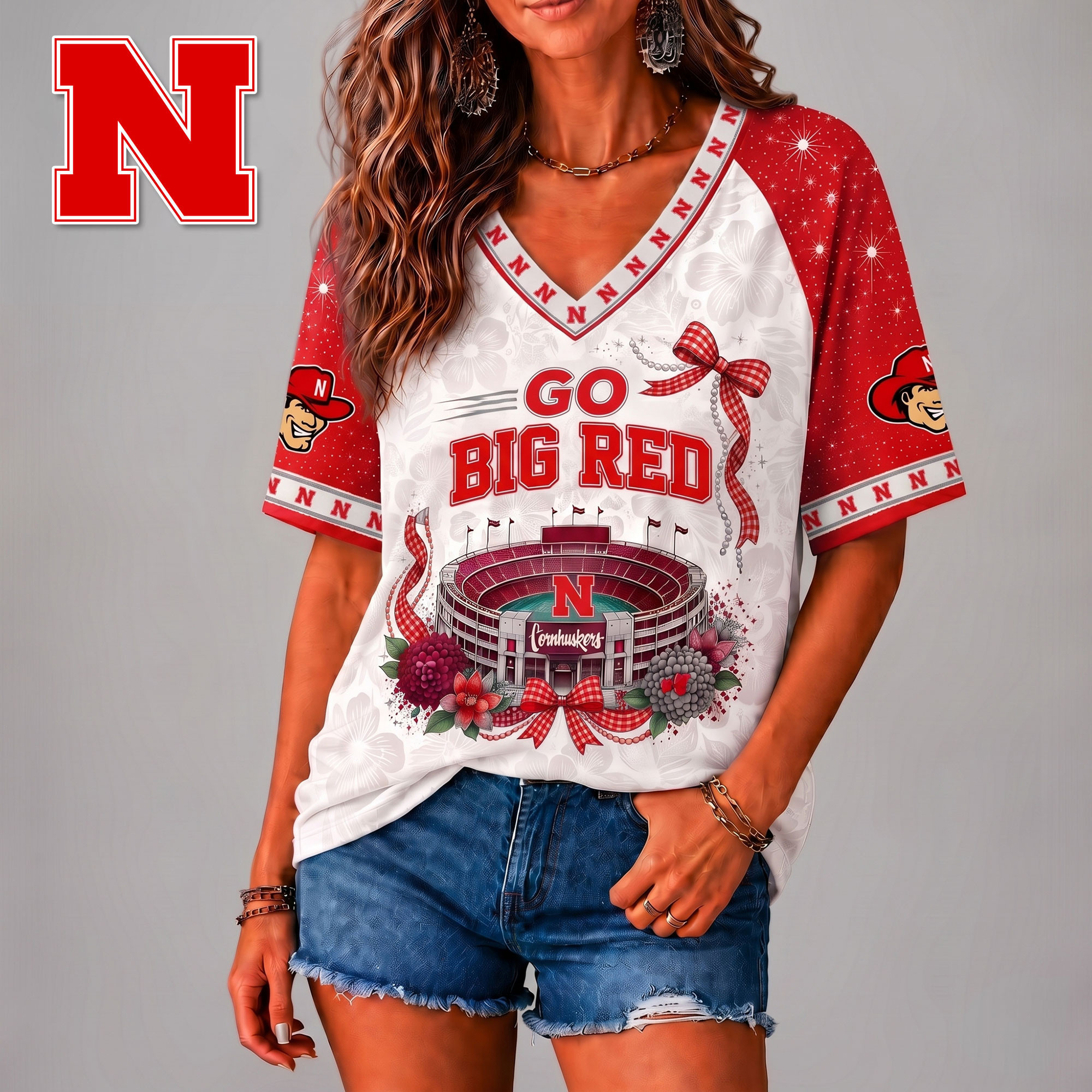 Nebraska Cornhuskers | Premium NCAA Floral Stadium Bow 3D Shirt NY