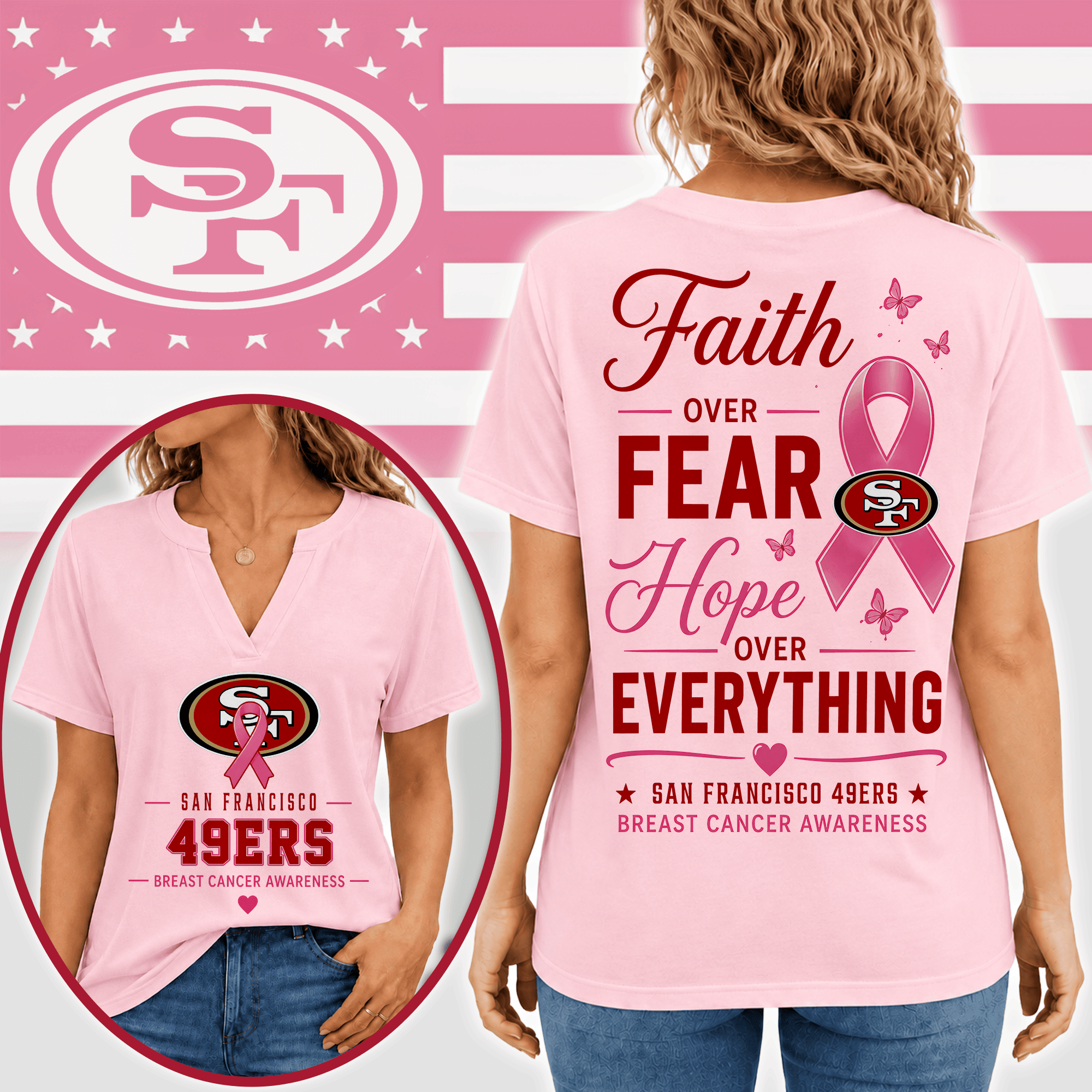 San Francisco 49ers | Premium NFL Faith Through Every Battle Pink Ribbon Split Neck T-Shirt NTH1