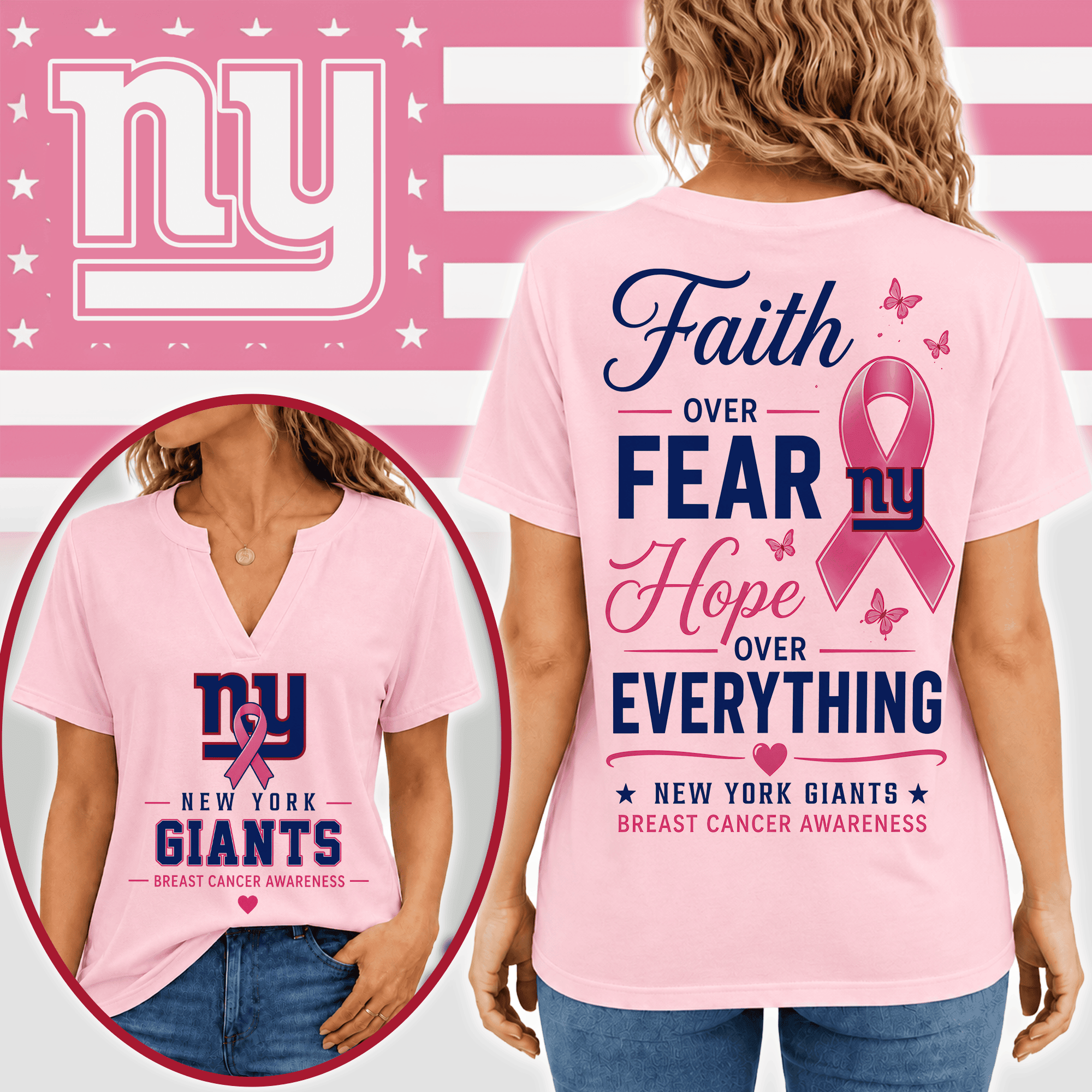 New York Giants | Premium NFL Faith Through Every Battle Pink Ribbon Split Neck T-Shirt NTH1