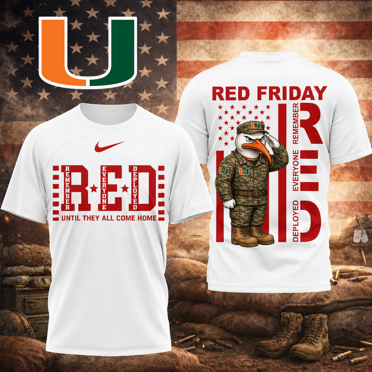 Miami Hurricanes | Premium NCAA Red Friday Support Our Troops T-Shirt TD
