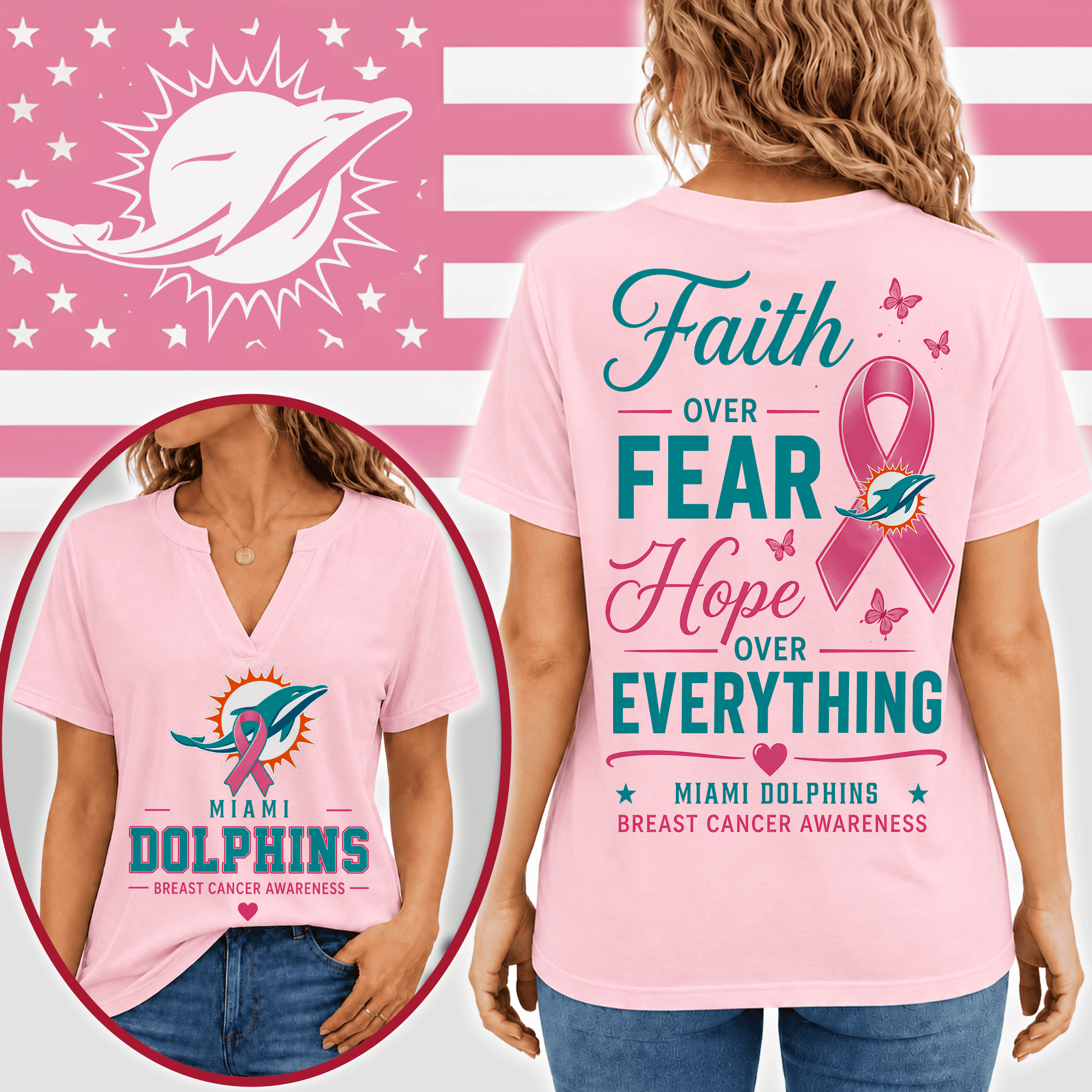 Miami Dolphins | Premium NFL Faith Through Every Battle Pink Ribbon Split Neck T-Shirt NTH1