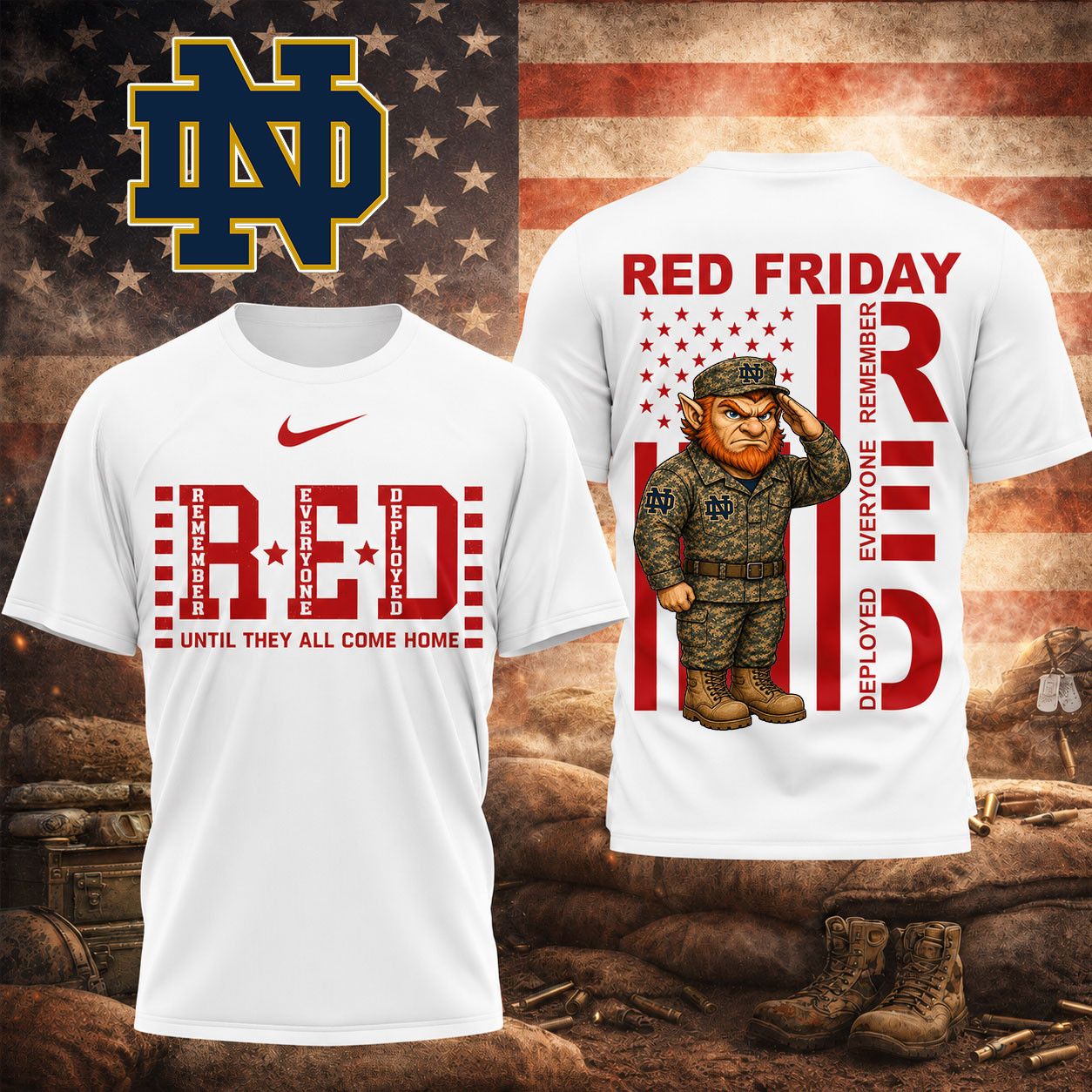 Notre Dame Fighting Irish | Premium NCAA Red Friday Support Our Troops T-Shirt TD