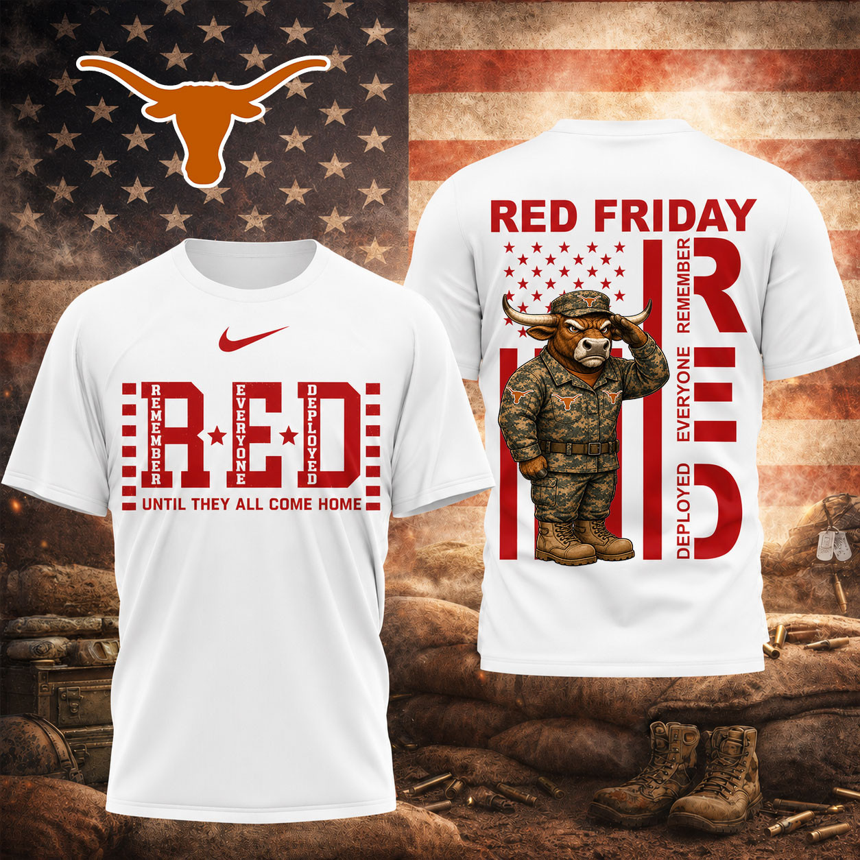 Texas Longhorns | Premium NCAA Red Friday Support Our Troops T-Shirt TD