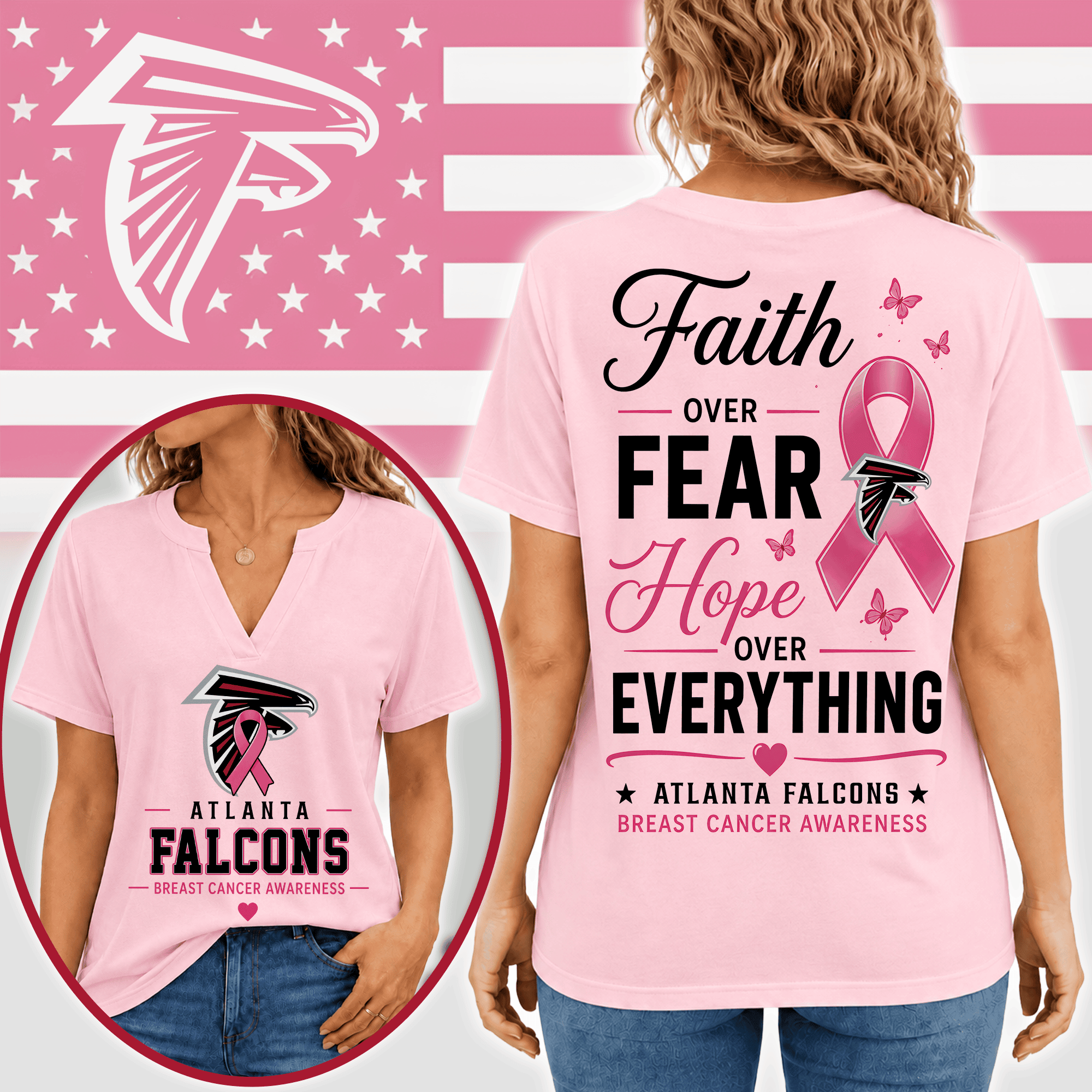 Atlanta Falcons | Premium NFL Faith Through Every Battle Pink Ribbon Split Neck T-Shirt NTH1