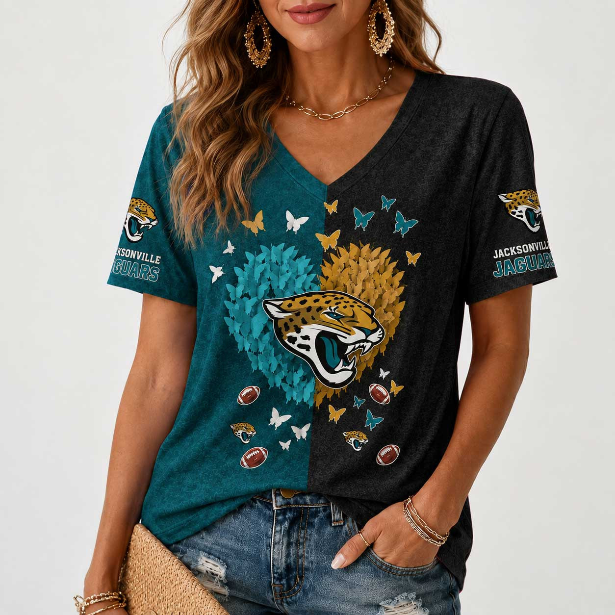 Jacksonville Jaguars | Premium NFL Butterfly Heart V-Neck TD
