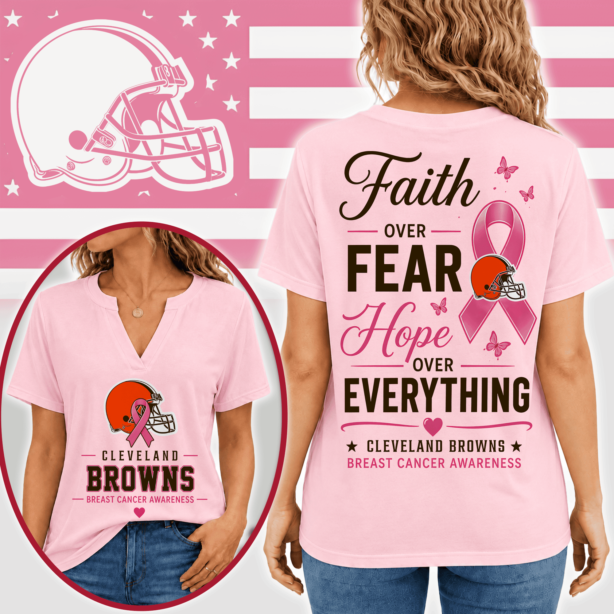 Cleveland Browns | Premium NFL Faith Through Every Battle Pink Ribbon Split Neck T-Shirt NTH1