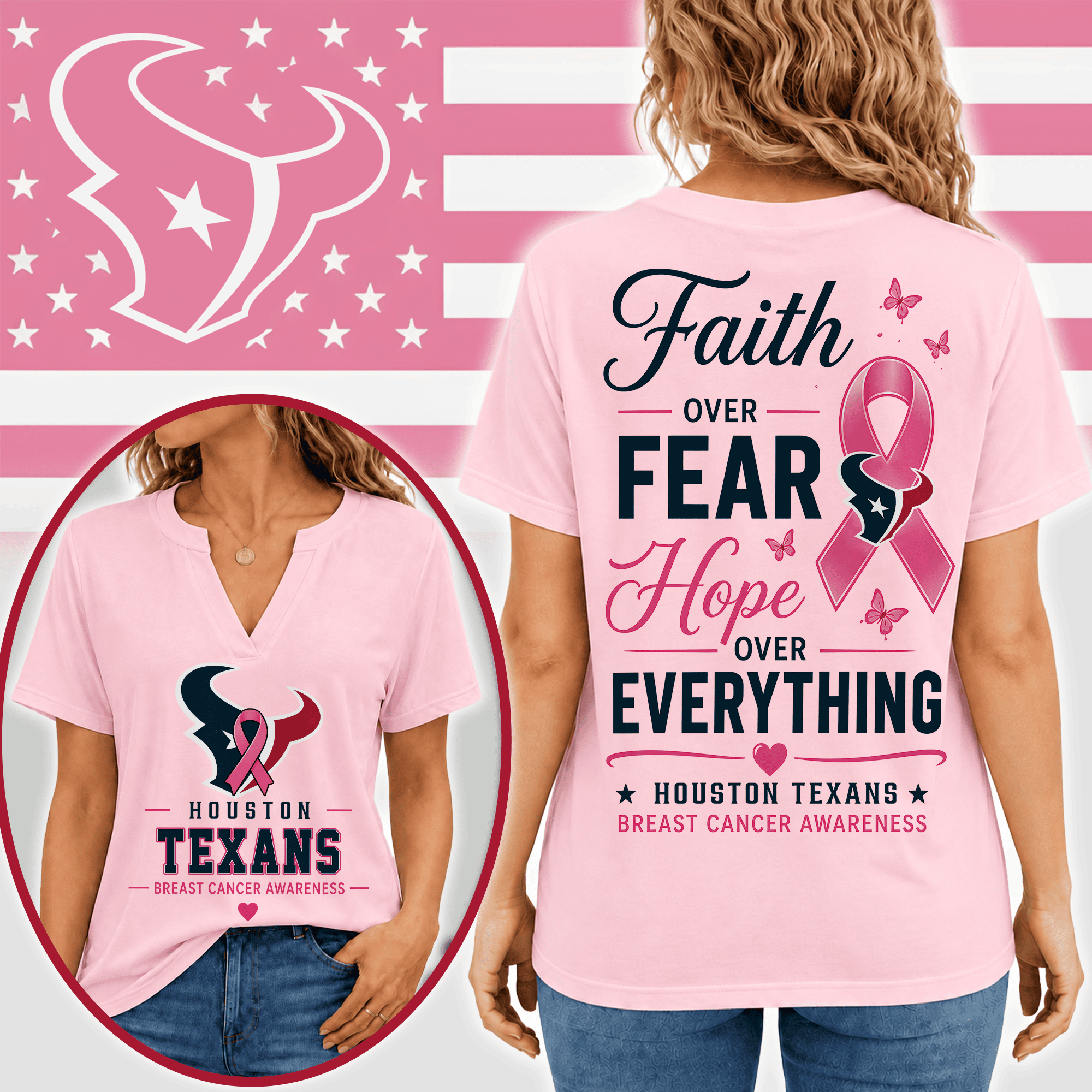 Houston Texans | Premium NFL Faith Through Every Battle Pink Ribbon Split Neck T-Shirt NTH1