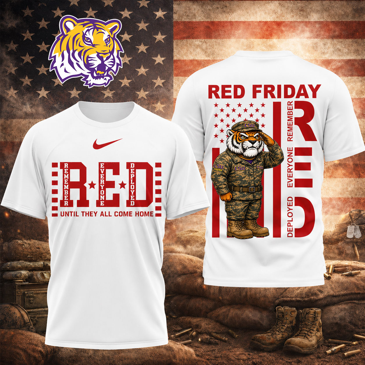 LSU Tigers | Premium NCAA Red Friday Support Our Troops T-Shirt TD