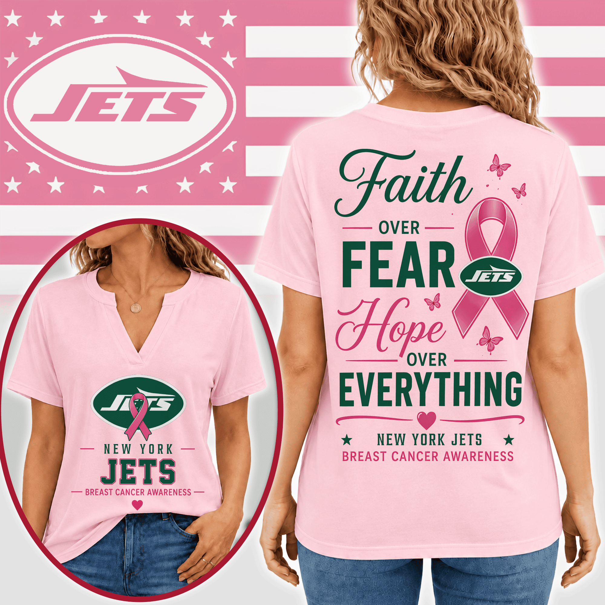 New York Jets | Premium NFL Faith Through Every Battle Pink Ribbon Split Neck T-Shirt NTH1