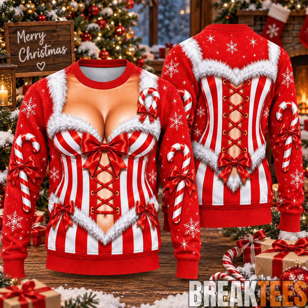 Funny Candy Cane Corset Cleavage Ugly Christmas Sweater
