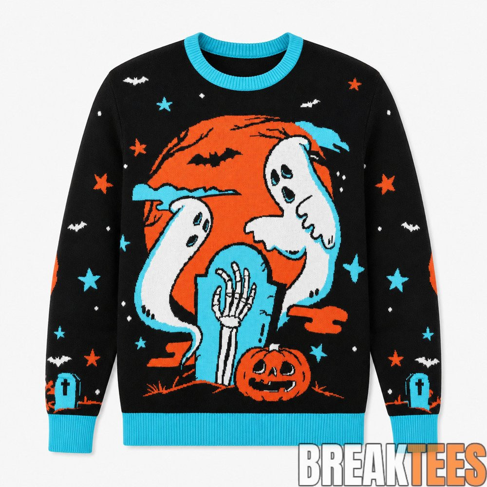 Spooky Ghost Graveyard Halloween 2026 Graphic Sweater for Halloween Fans