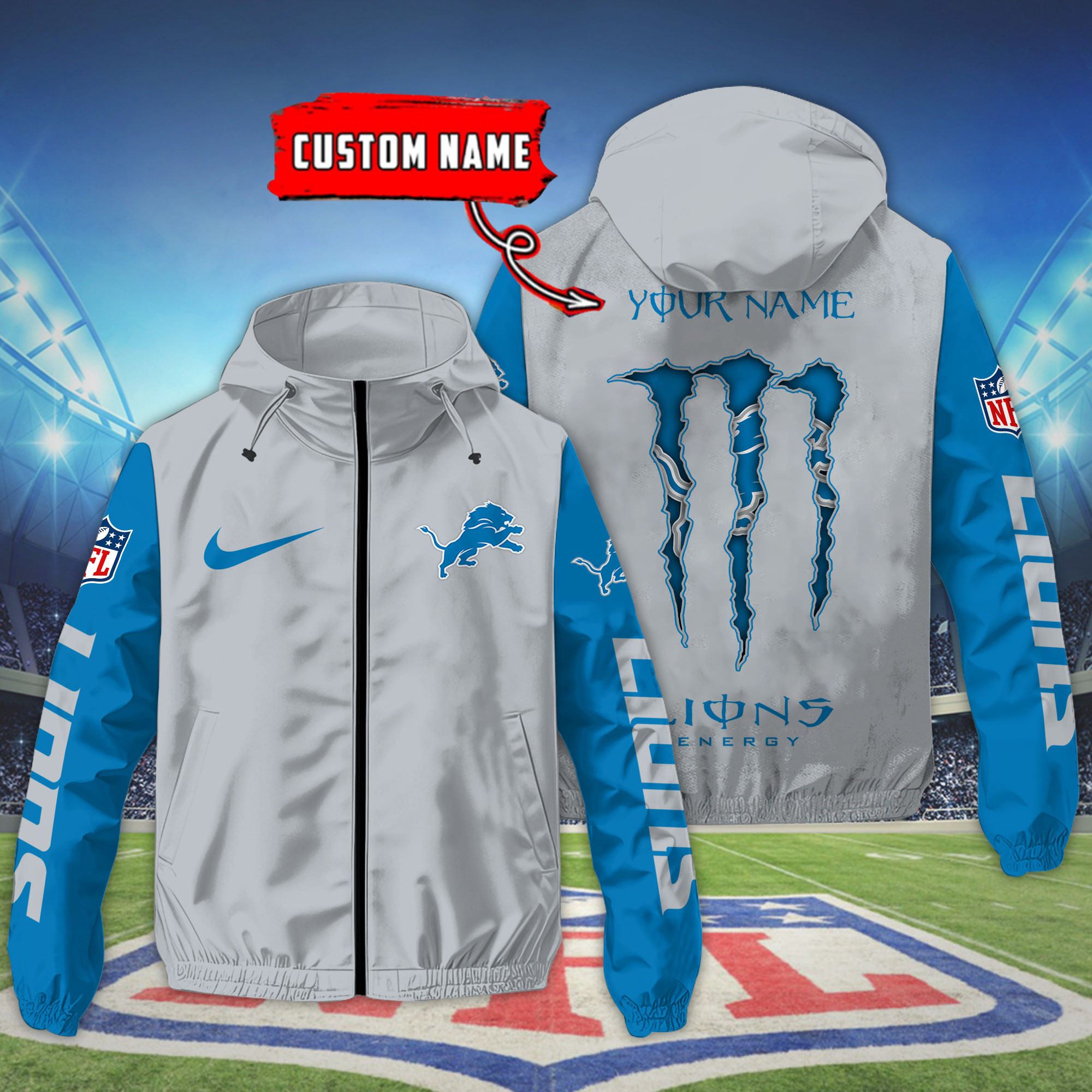 Detroit Lions Custom Windbreaker Outdoor Jacket Sport Fan Gift P5RV94