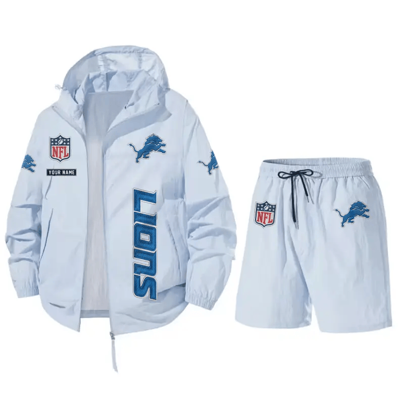 Detroit Lions Athletic Hooded Windbreaker Shorts Set PJA5A4
