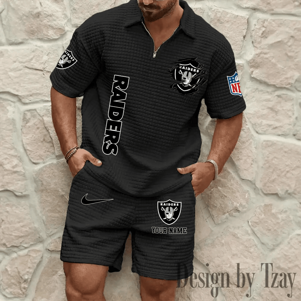 Las Vegas Raiders Men’s Waffle Pattern Half Zipper Shirt And Short PZFDXW