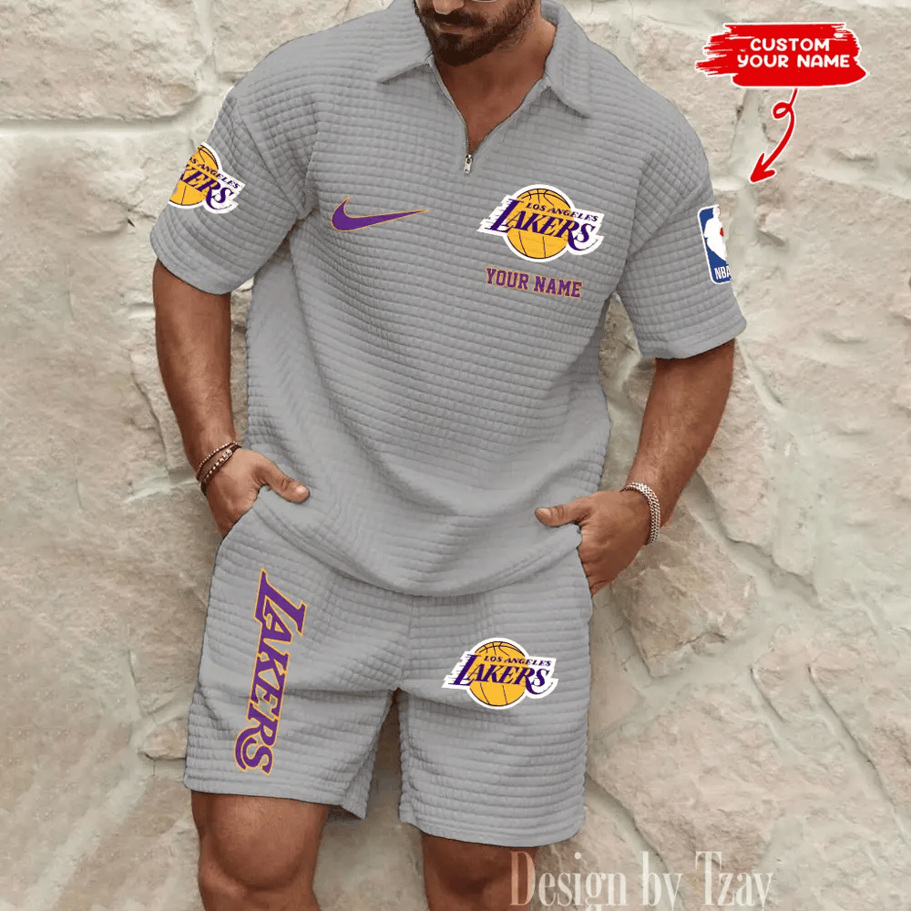 Los Angeles Lakers NBA Men’s Waffle Pattern Half Zipper Shirt And Short PJ439J