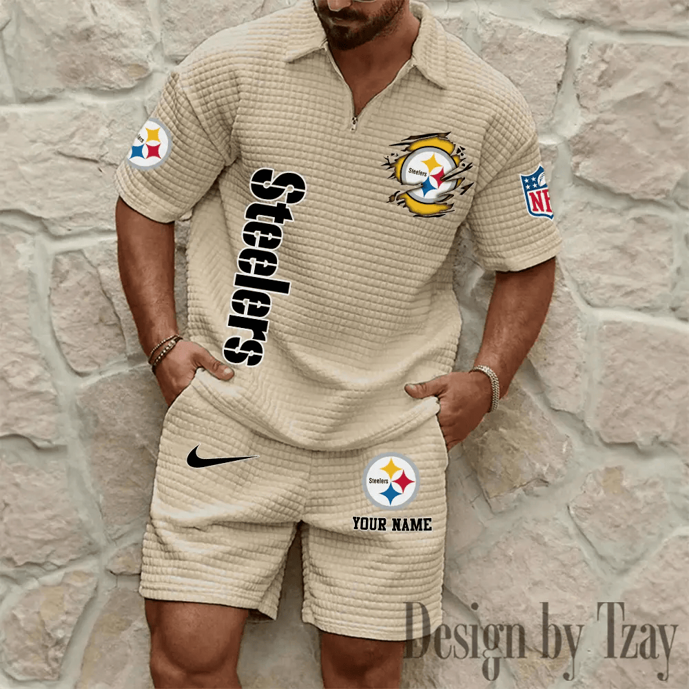 Pittsburgh Steelers Men’s Waffle Pattern Half Zipper Shirt And Short PKJ6MD