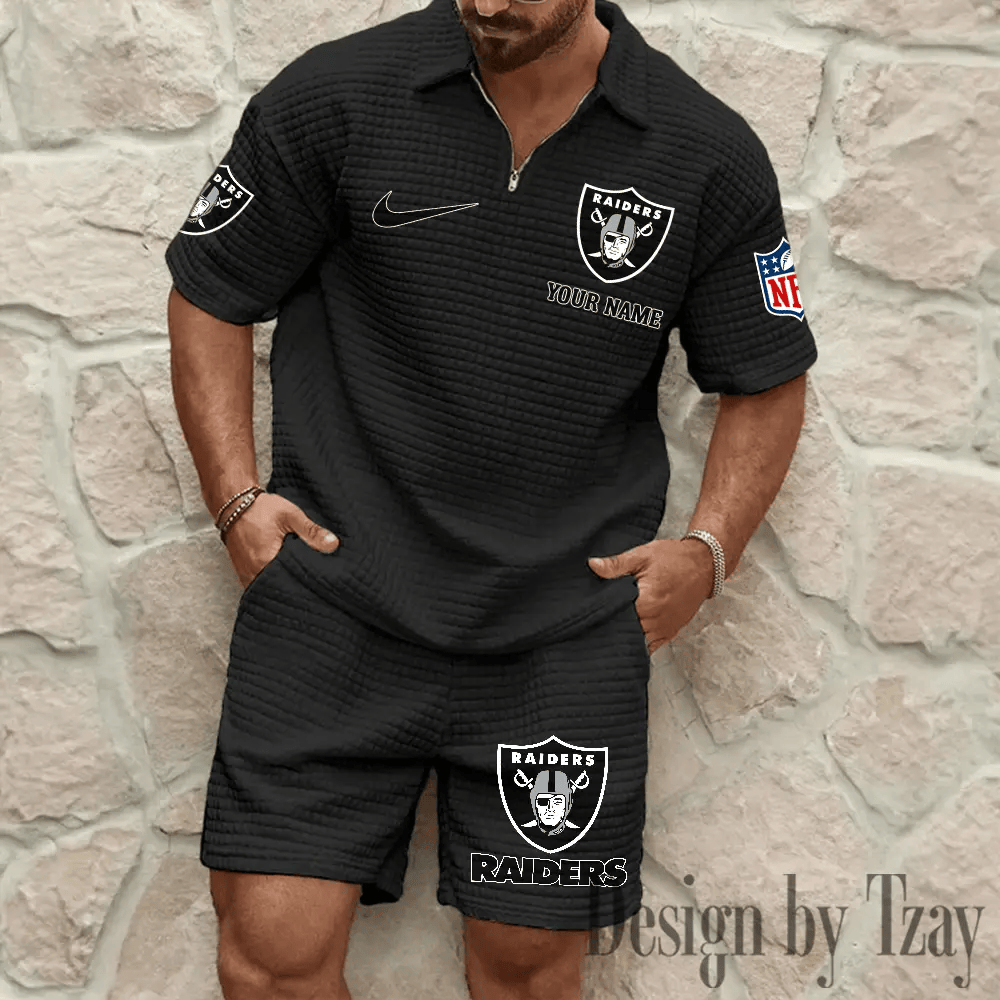 Las Vegas Raiders Men’s Waffle Pattern Half Zipper Shirt And Short PMXRQ6