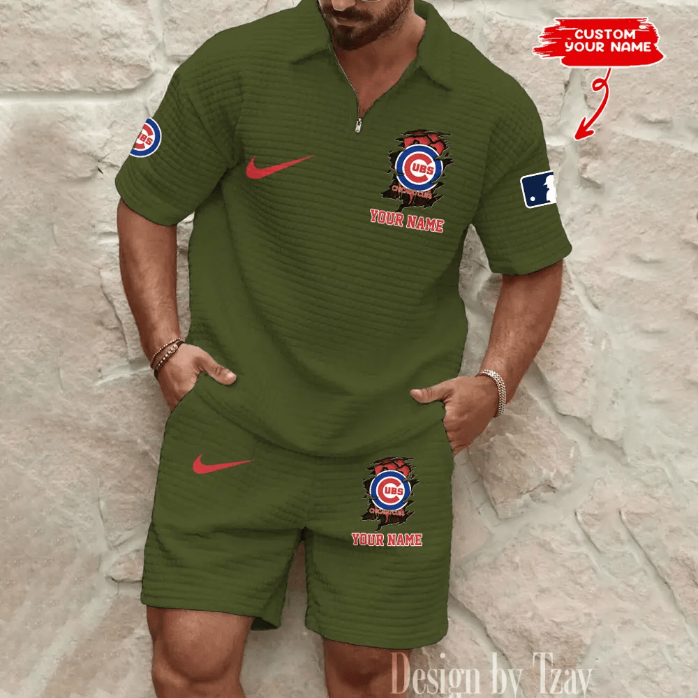 Chicago Cubs Men’s Waffle Pattern Half Zipper Shirt And Short P48NCB