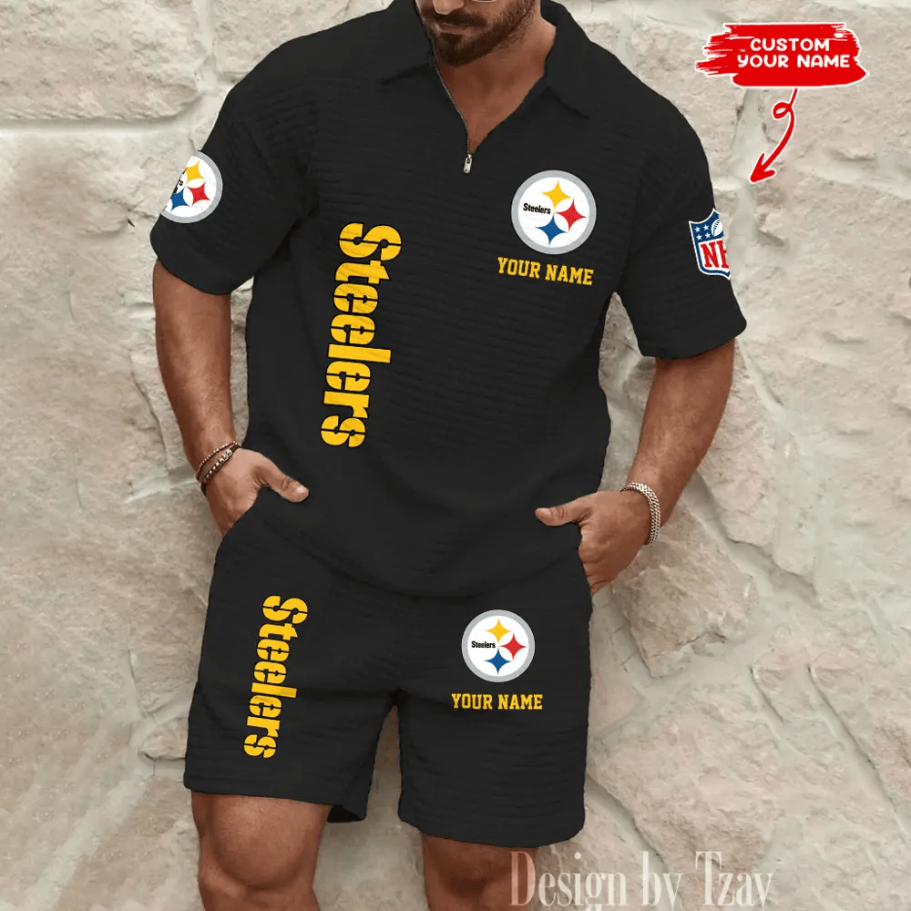 Pittsburgh Steelers Men’s Waffle Pattern Half Zipper Shirt And Short PLDZRY