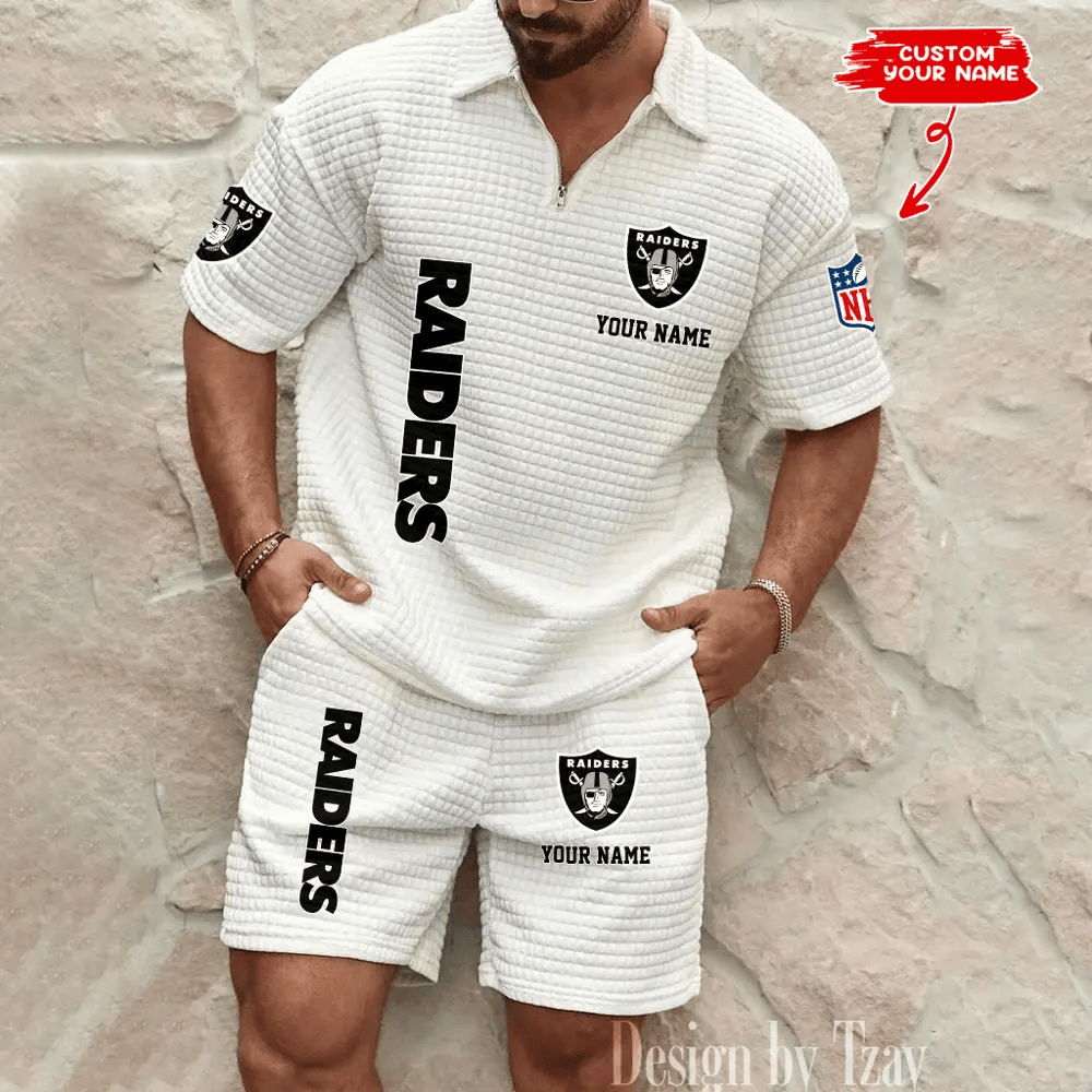 Las Vegas Raiders Men’s Waffle Pattern Half Zipper Shirt And Short PVA2HY