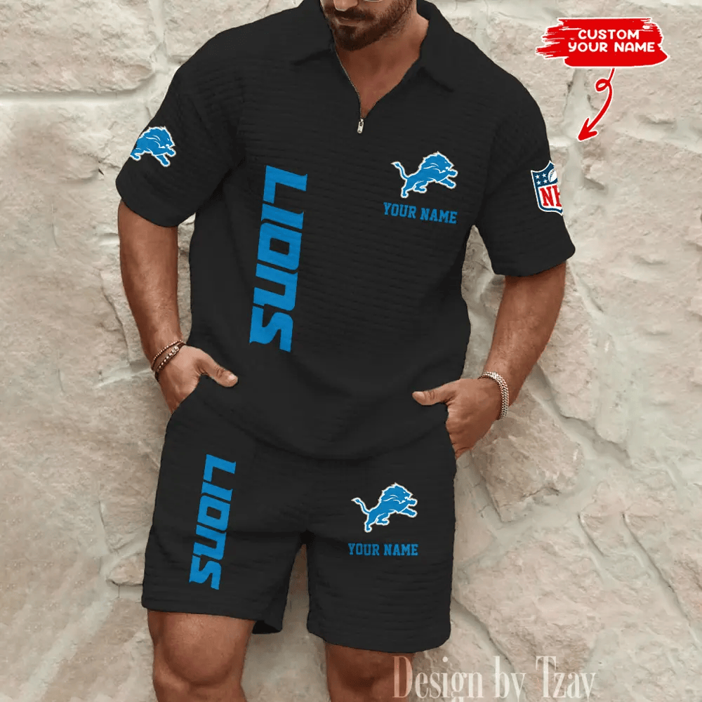 Detroit Lions Men’s Waffle Pattern Half Zipper Shirt And Short PPLP77
