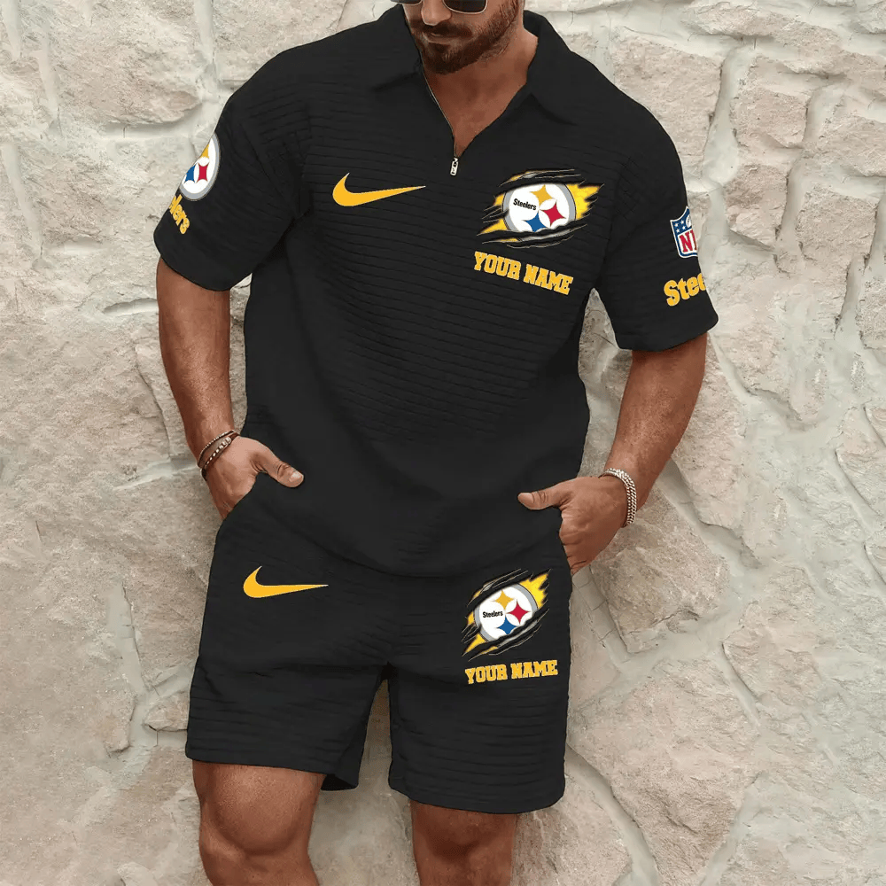 Pittsburgh Steelers Men’s Waffle Pattern Half Zipper Shirt And Short PQDUGR