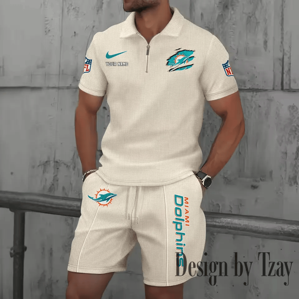 Miami Dolphins New Summer Waffle Zip-up Lapel Short-Sleeve Suit Sets P3QDVJ
