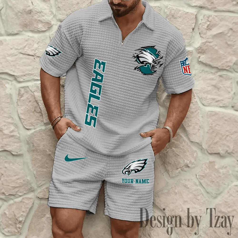 Philadelphia Eagles Men’s Waffle Pattern Half Zipper Shirt And Short PG7BBW