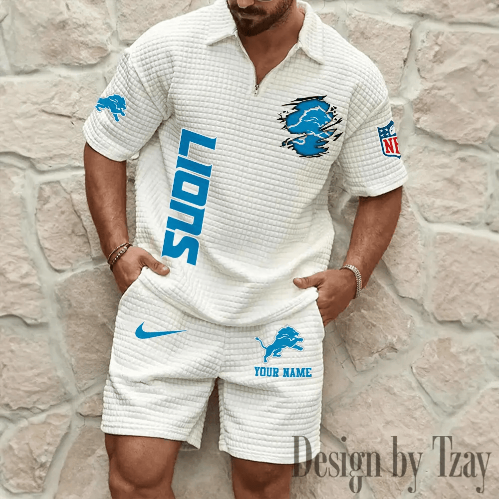 Detroit Lions Men’s Waffle Pattern Half Zipper Shirt And Short P4DC3L