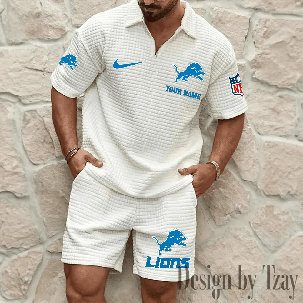 Detroit Lions Men’s Waffle Pattern Half Zipper Shirt And Short PLH3A9