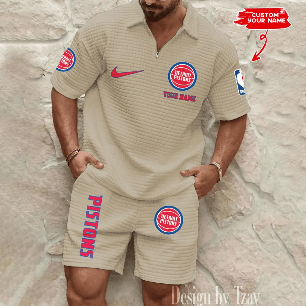Detroit Pistons NBA Men’s Waffle Pattern Half Zipper Shirt And Short PRAYQB
