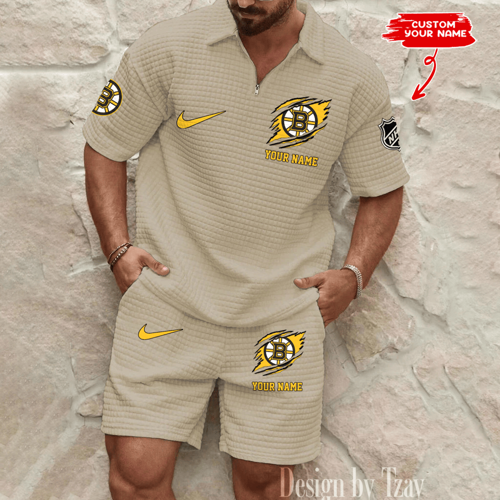 Boston Bruins Men’s Waffle Pattern Half Zipper Shirt And Short P8HWW7