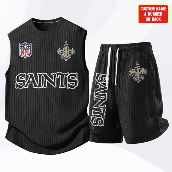New Orleans Saints Waffle Knit Sleeveless Shorts Set PLZFAU