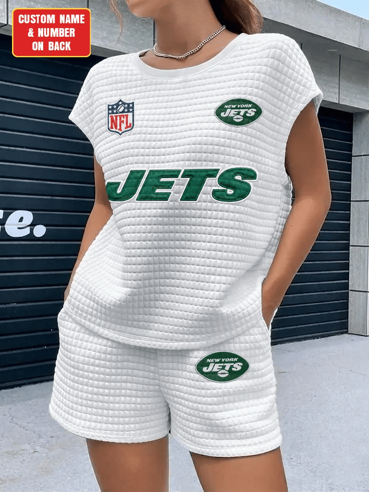 New York Jets Women Waffle Bat Sleeves Shirt And Shorts Set PFGUXM