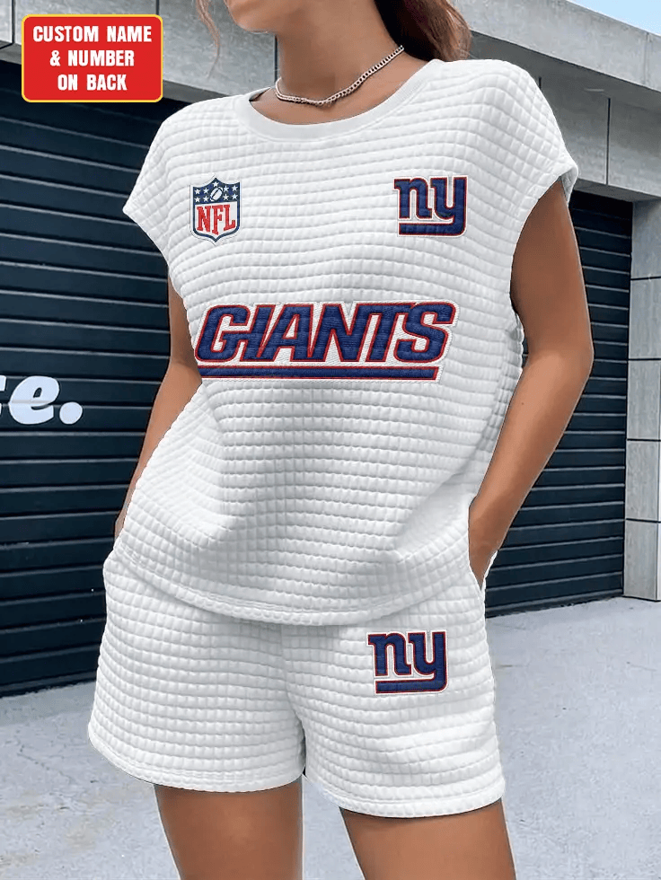 New York Giants Women Waffle Bat Sleeves Shirt And Shorts Set P9588U