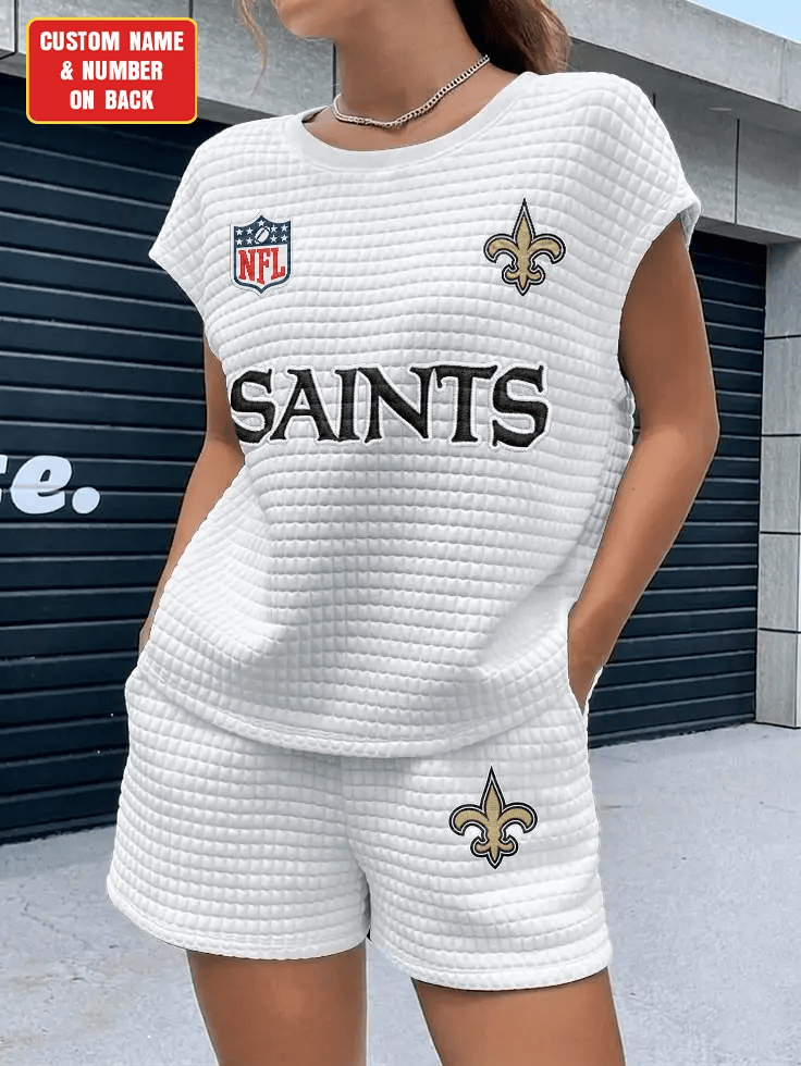 New Orleans Saints Women Waffle Bat Sleeves Shirt And Shorts Set PRTS7D