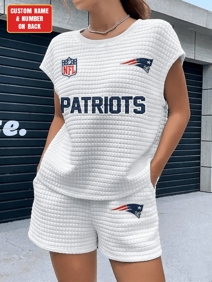 New England Patriots Women Waffle Bat Sleeves Shirt And Shorts Set P327SD
